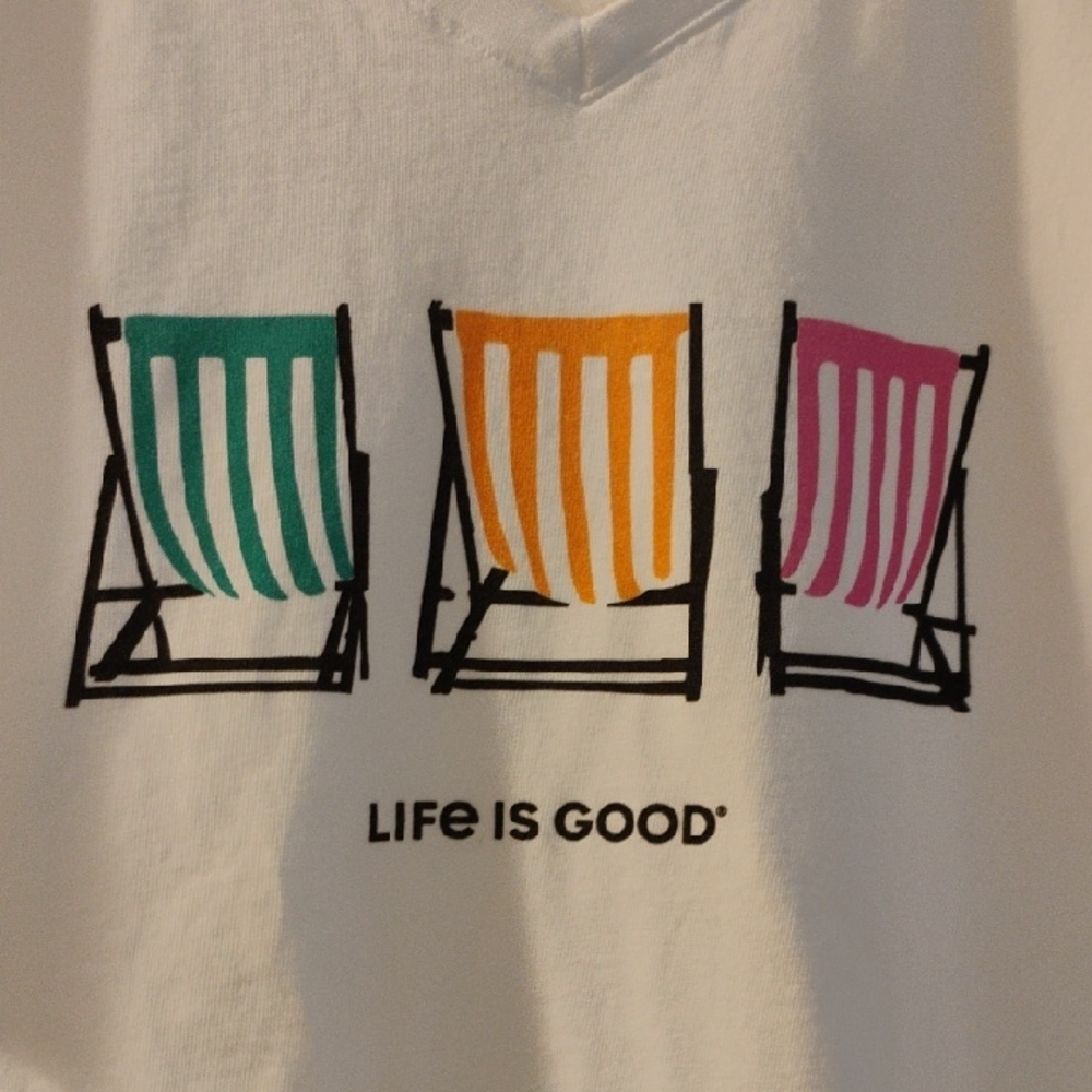 Life Is Good White Tee with Vibrant Chair Design